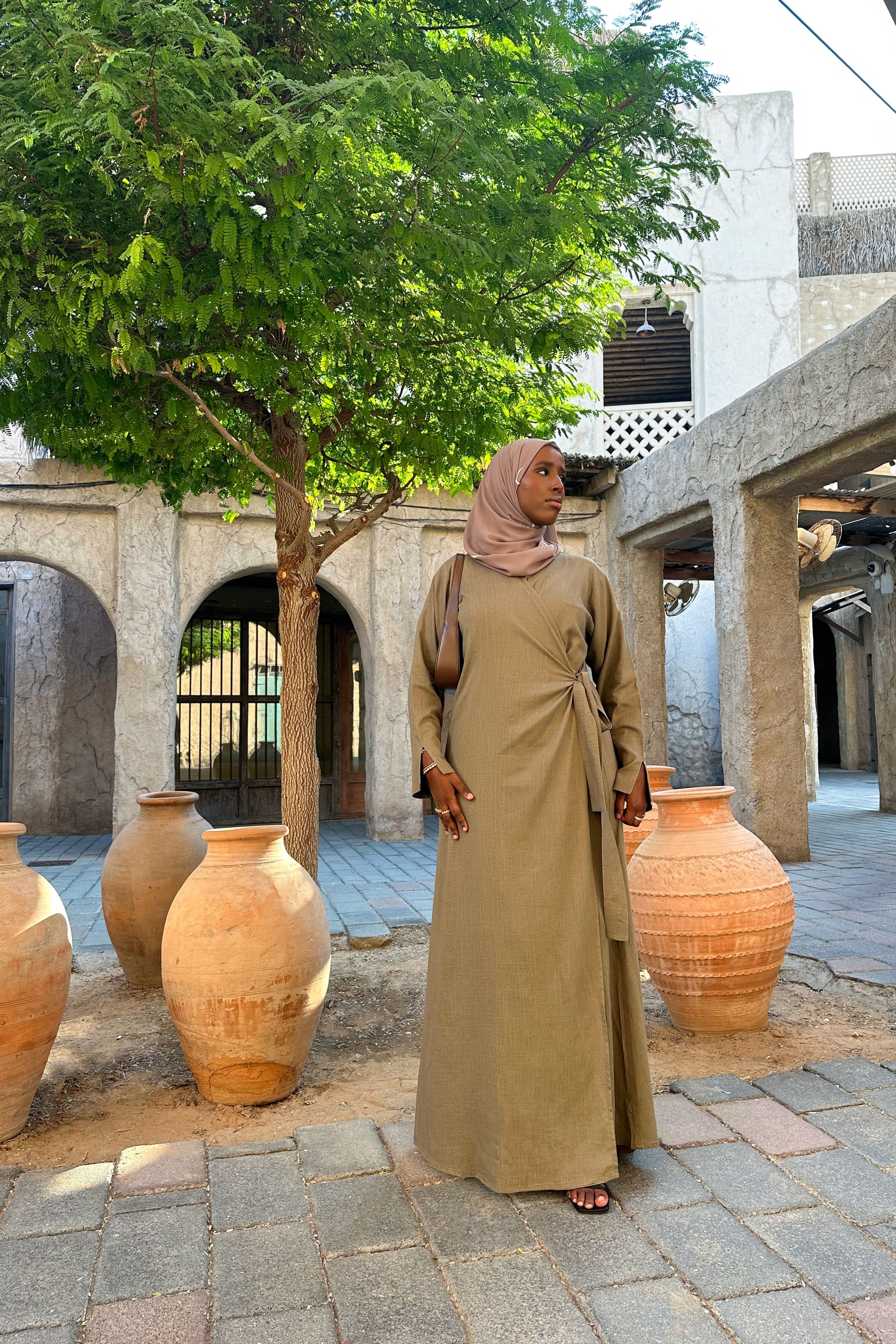 Linen Khaki Abaya with Wrap Detail and Moon Hijab