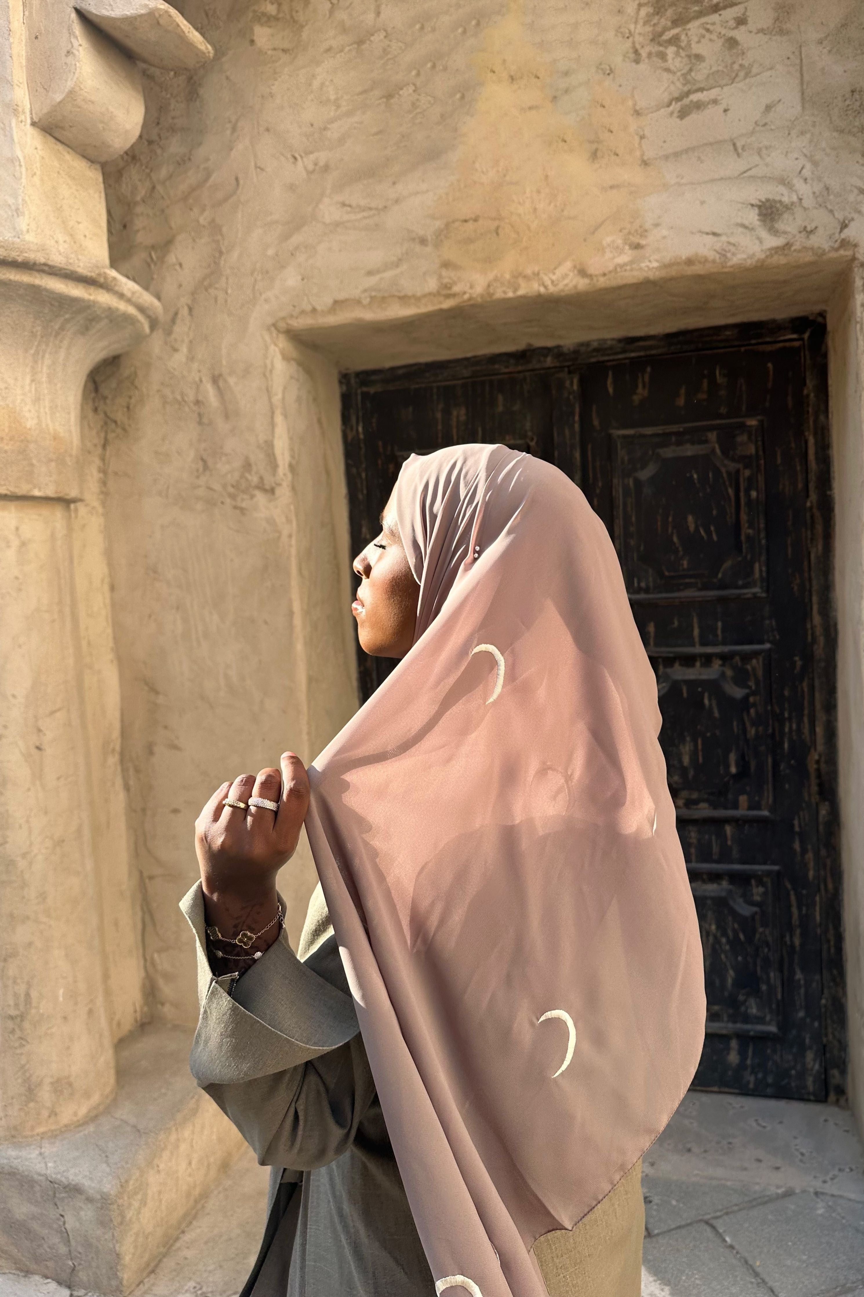 Linen Khaki Abaya with Wrap Detail and Moon Hijab