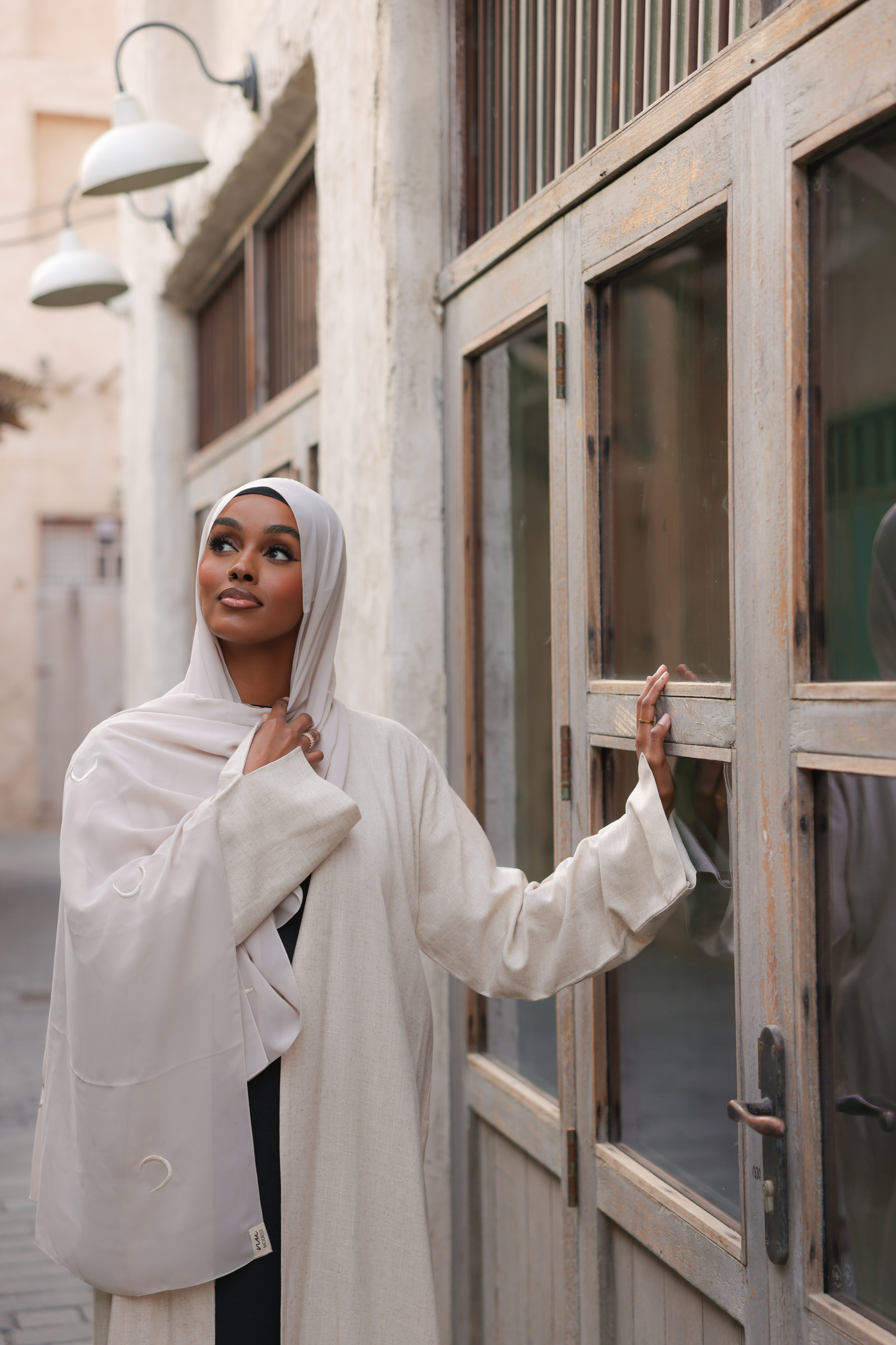 Linen Beige Open Abaya With Moon Hijab