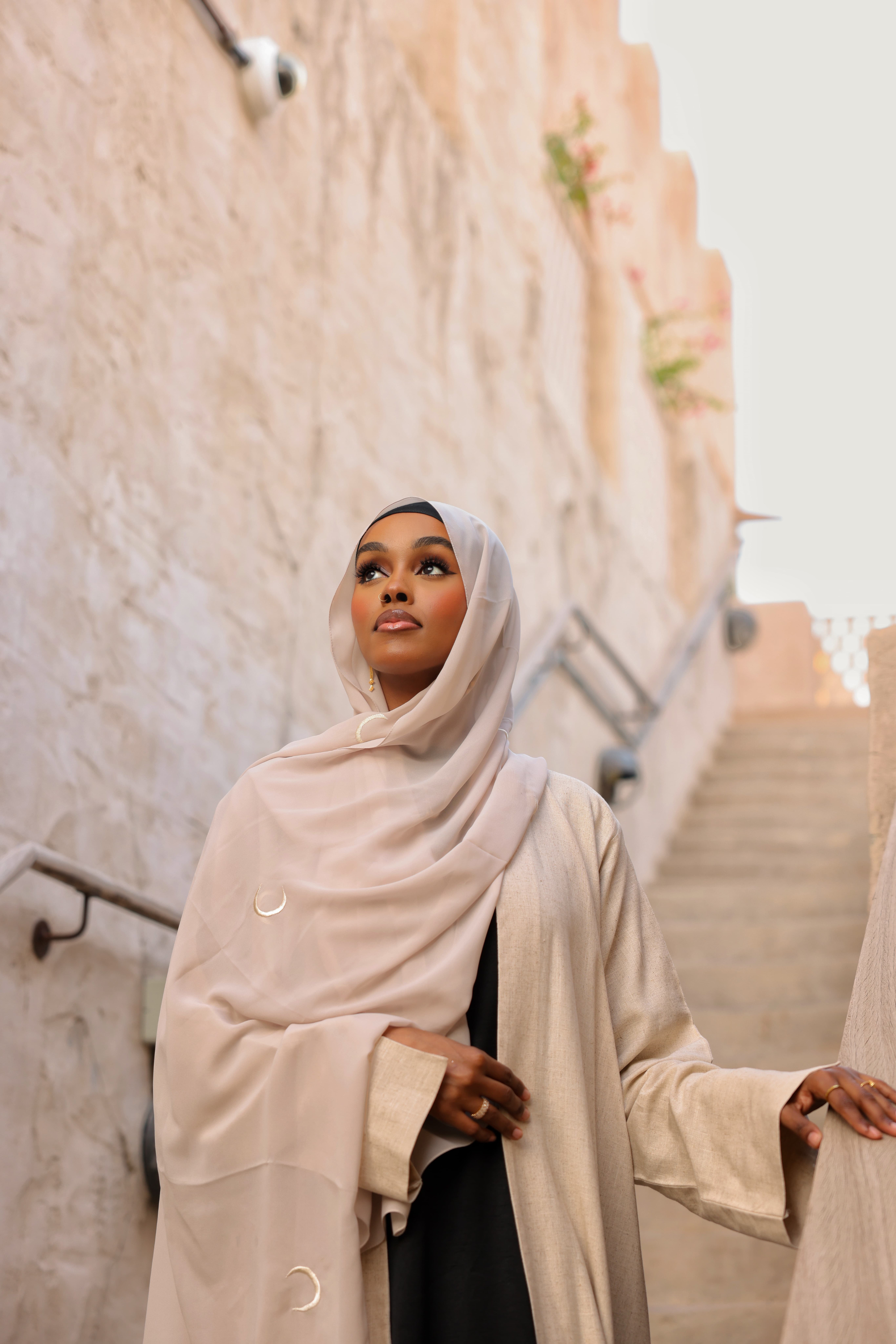 Linen Beige Open Abaya With Moon Hijab